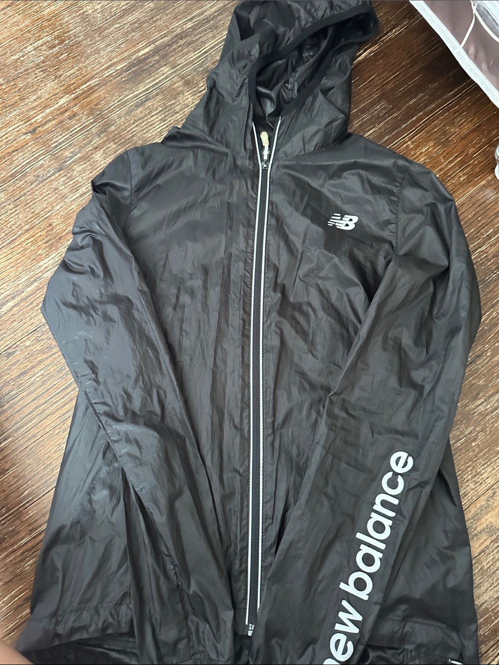 New Balance Black Hooded Rain lightweight Jacket with White Logo